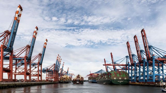 Wide view of container ships and cranes at Hamburg port under a cloudy sky.